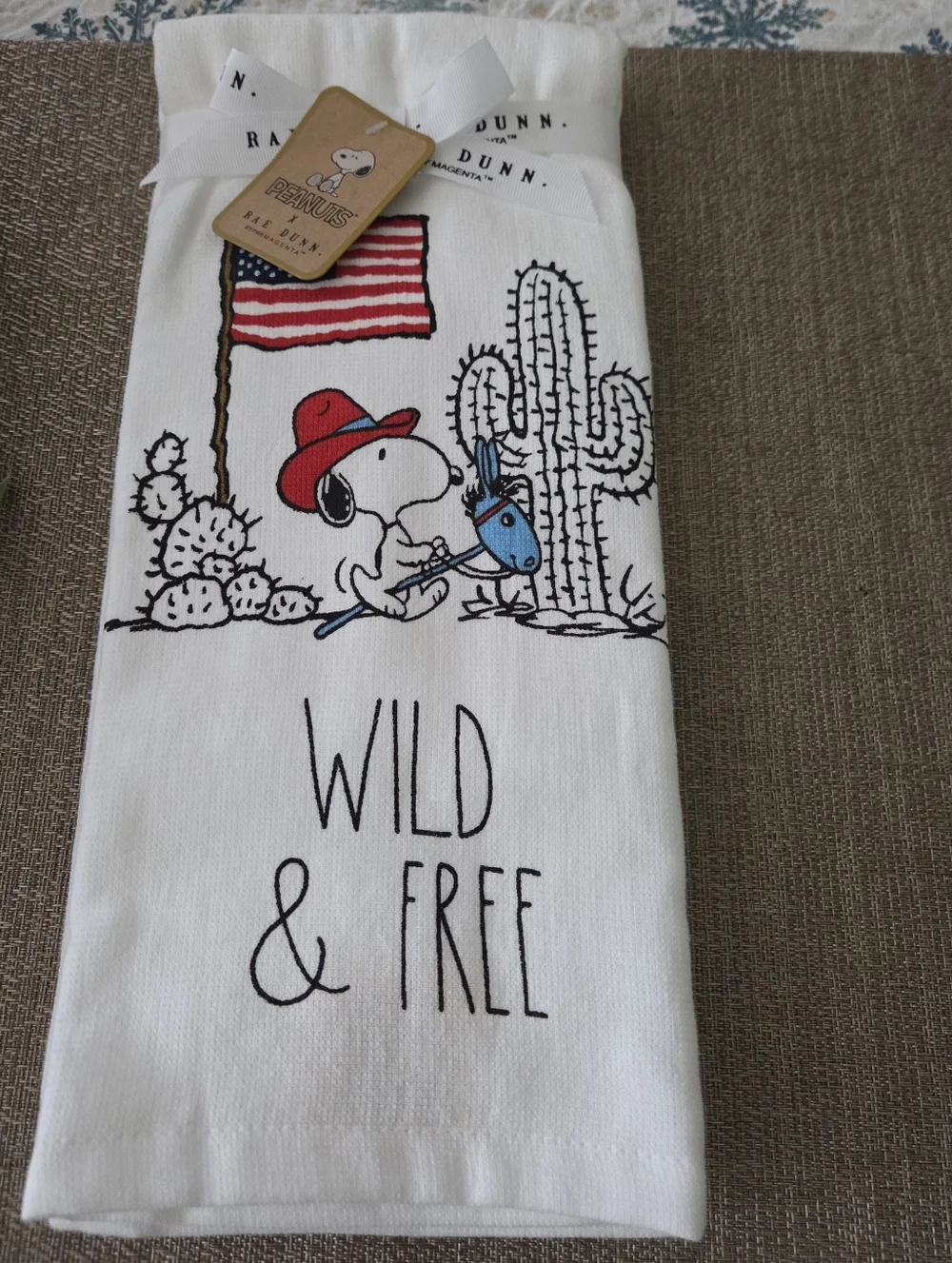 Rae Dunn White Kitchen Towels with Snoopy Cowboy and Flag